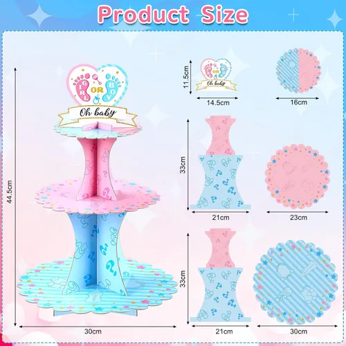 Miniatura 2 de Decoración de soporte para cupcakes para fiesta de revelación de género, azul y rosa de 3 niveles para baby shower, suministros de cartón para niños