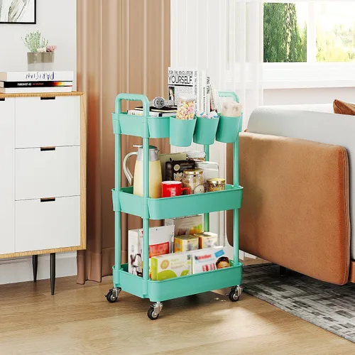 Miniatura 4 de UDEAR Carrito utilitario rodante de 3 niveles, estantes de almacenamiento multifuncionales con asa y ruedas con cerradura para habitación, oficina