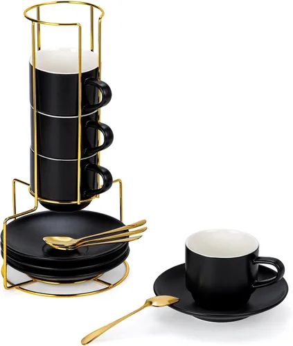 Miniatura 12 de Lareina Tazas de Espresso de Porcelana de 3 Onzas, Juego de 6, Pequeñas Tazas de Café Apilables con Platillos, Cucharas y Soporte de Metal - Tazas