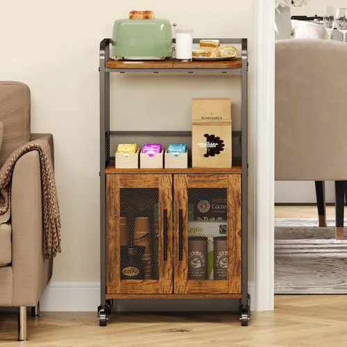 Hencawima Gabinete Pequeño de Barra de Café con Almacenamiento, Mesa de Barra de Café Rodante de 3 Niveles, Estación de Carrito de Café Estilo