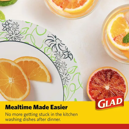 Miniatura 5 de Glad Platos redondos de papel desechables, con patrón floral caprichoso, a prueba de remojo, resistente a cortes, aptos para microondas, platos