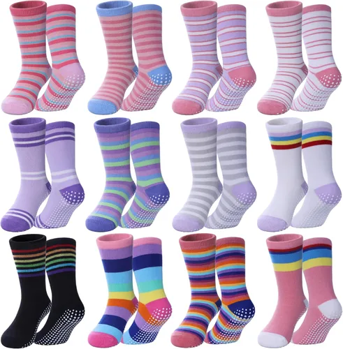 Miniatura 8 de Calcetines antideslizantes para niñas pequeñas, calcetines de algodón con agarres, 12 pares
