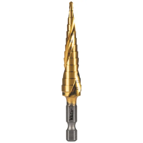 Klein Tools 25964 Broca escalonada, 1/8 a 1/2 pulgada, espiral de doble estriado, corta metal fino, plástico, aluminio, madera, vástago hexagonal de