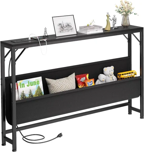 Miniatura 14 de Asgolion Mesa consola estrecha, mesa de entrada pequeña de 15.7 pulgadas, mesa de sofá de 2 niveles con almacenamiento, mesas consola delgadas