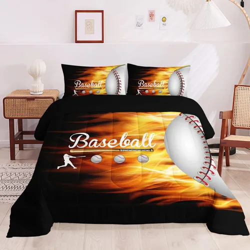 Miniatura 3 de HOSIMA Juego de edredón de béisbol 3D para niños y adolescentes, decoración de dormitorio, juego de edredón negro de béisbol y fuego, juego de ropa