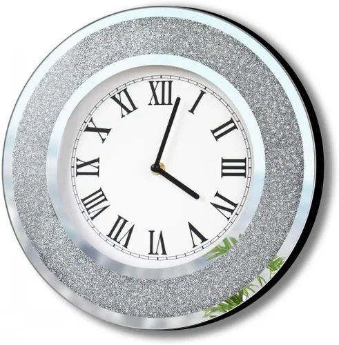 DMDFIRST Reloj de Espejo Redondo Plateado Brillante de 12 pulgadas. Reloj de Pared Espejado Glamoroso Centelleante Brillante para Decoración de