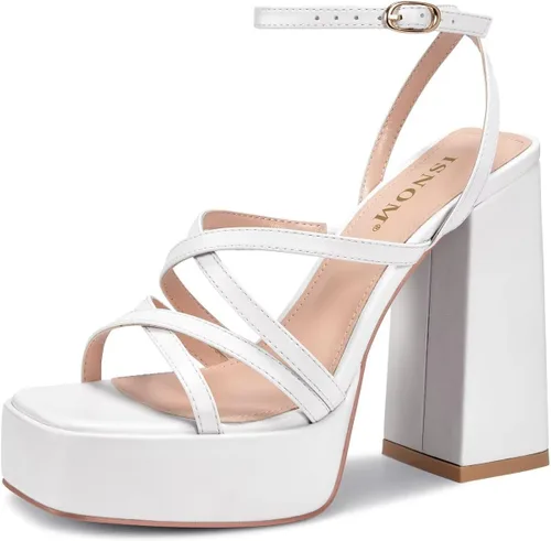ISNOM Tacones gruesos de plataforma para mujer, sandalias de tacón de bloque con punta cuadrada abierta y correa de tobillo