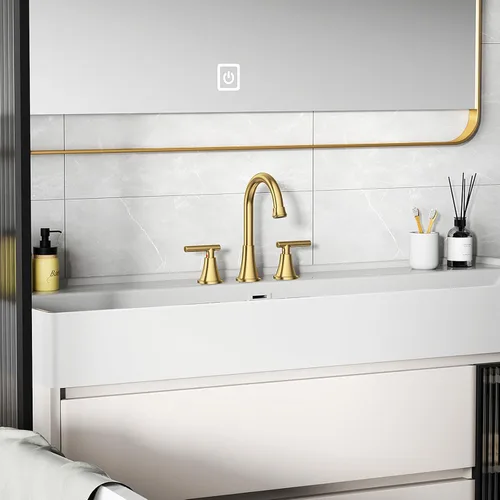 Miniatura 7 de Grifos de Baño para Lavabo de 3 Orificios, Hurran Grifo de Lavabo de Baño Dorado Cepillado con Desagüe Pop-up y Líneas de Suministro, Grifo Oro