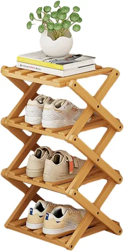 Miniatura 8 de YYW Zapatero de bambú para entrada, organizador vertical de almacenamiento de zapatos plegable y sin instalación, estantes para zapatos, estante