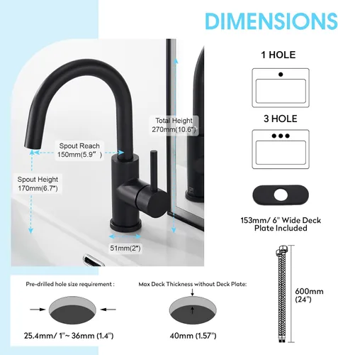 Miniatura 7 de CREA Grifo de Baño Negro Níquel Cepillado, Grifo de Fregadero de Barra Húmeda Prep de Acero Inoxidable de Un Solo Orificio Pequeño de Cocina