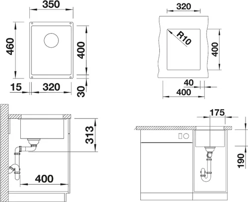 Miniatura 4 de BLANCO 523406 SUBLINE Fregadero de cocina, carbón, 15.7 in Unterschrank