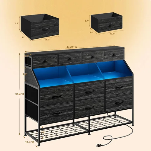 Miniatura 3 de EnHomee Cómoda para dormitorio con 10 cajones y zapatero de tela con luces LED y tomas de corriente, tocador de dormitorio para entrada, pasillo
