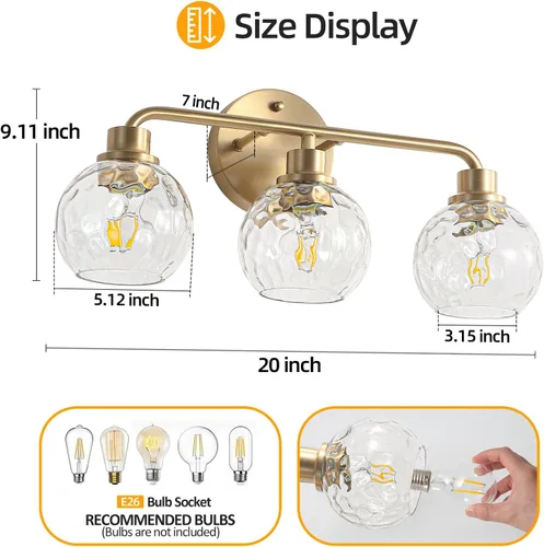 Miniatura 5 de Lámparas de baño doradas para tocador, 3 luces, apliques de pared, luces de latón cepillado con pantalla de vidrio martillado, lámpara de pared