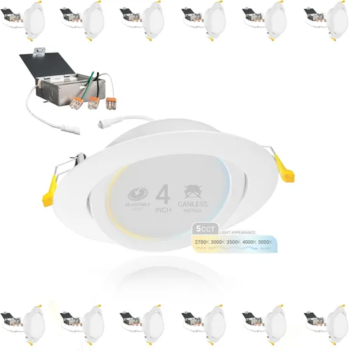 NuWatt Paquete de 12 luces LED empotrables sin lata de 4 pulgadas, 5CCT 2700K/3000K/3500K/4000K/5000K seleccionables, 630 lúmenes, regulables, luces