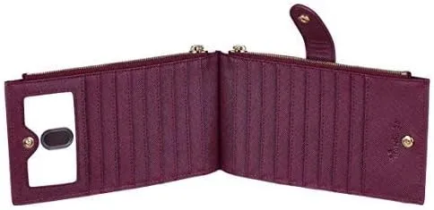 Miniatura 4 de Travelambo Billetera para mujer con bloqueo RFID plegable para múltiples tarjetas con bolsillo con cremallera, Rojo vino, Minimalista