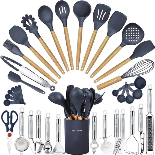 Juego de utensilios de cocina - 35 piezas de utensilios de cocina con rallador, pinzas, espátula de cuchara y girador hechos de silicona resistente