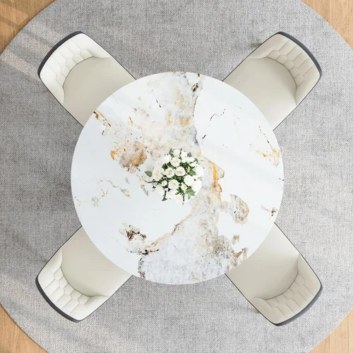 Miniatura 9 de Juego de mesa de comedor redonda para 4, mesa moderna de 48" con tapa de mármol sintético falso y pedestal brillante negro, juego de mesa de cocina