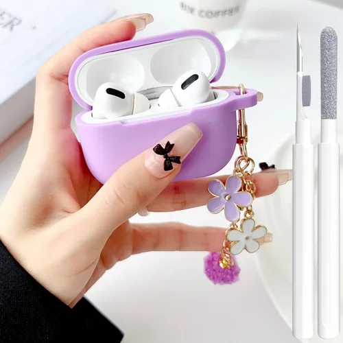 Miniatura 43 de Bonita funda negra para Airpods de 2ª/1ª generación para niñas y mujeres, con llavero de pompón de flores y kit de limpieza, funda protectora tipo