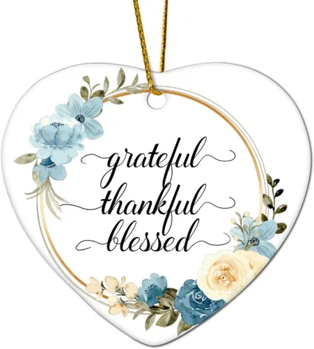 Miniatura 9 de Adornos de Navidad con cita de corona de flores, adorno ovalado de porcelana de Grateful Thankful Blesed, decoración de árbol de Navidad, regalos