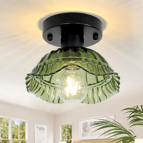 Miniatura 18 de Shenmoyl Luces de pasillo doradas de montaje semiempotrado con vidrio Scindapsus transparente, bombilla incluida, base de 4.72 pulgadas, lámpara
