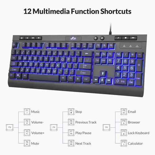 Miniatura 5 de Rii RK900Pro Teclado retroiluminado de impresión grande, teclado USB de tamaño completo con cable con retroiluminación azul, compatible con Windows