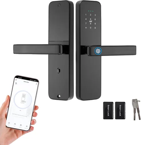 EIYSIE Cerradura de puerta inteligente WiFi con asa, cerradura de huellas dactilares, cerradura de puerta de entrada sin llave con teclado,