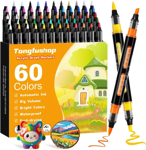 Tongfushop 60 colores Marcadores de pintura acrílica, marcadores de pintura a base de agua con control automático de tinta y puntas duales - Sin