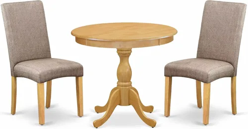 East West Furniture AMDR3-OAK-16 - Juego de mesa de comedor de 3 piezas contiene una mesa de cocina redonda con pedestal y 2 sillas de comedor
