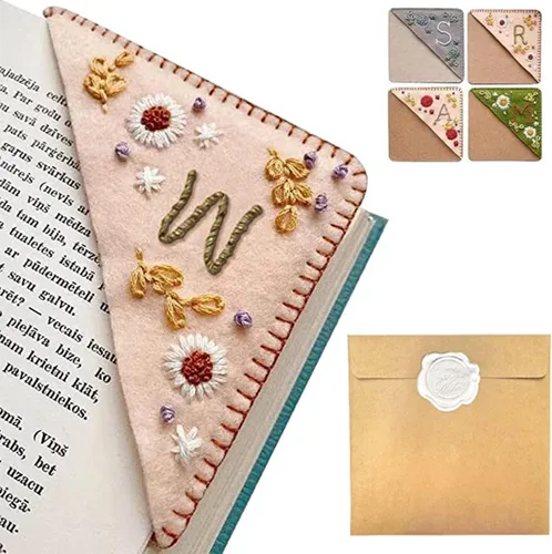 Miniatura 6 de Marcapáginas de esquina bordado a mano personalizado, 26 letras con costura a mano de fieltro, marcapáginas de esquina con bordado de flores lindo