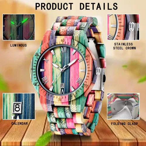 Miniatura 4 de Tiong Brand Wooden Watches Mens with Handmade Colorful Bamboo Wood Watch Analog Date Quartz Wooden Watch for Men