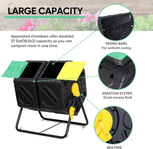 Miniatura 7 de JupiterForce Contenedores de compostaje de doble cámara, vaso giratorio de compost con 2 puertas correderas para jardines al aire libre, para todas