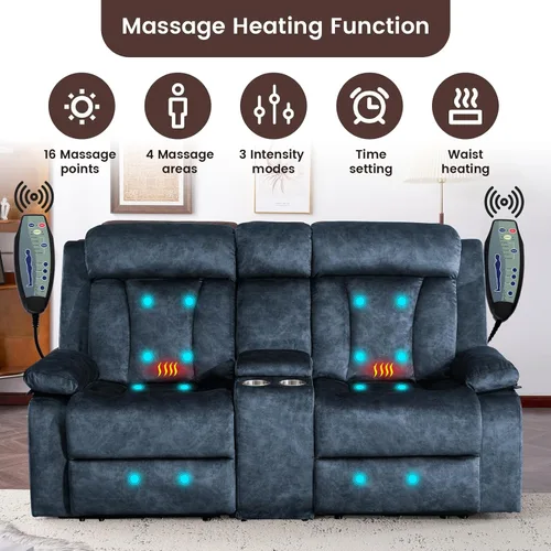 Miniatura 3 de Sofá reclinable de terciopelo, sofá biplaza reclinable doble con calor y masaje, sofá reclinable de pared con USB y tipo C, sofá reclinable