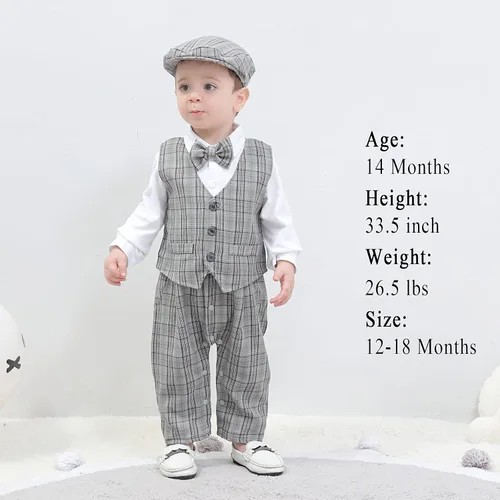 Miniatura 2 de HOSUKKO - Traje de bebé para caballero, mamelucos + boina + corbatín (0-24 meses)