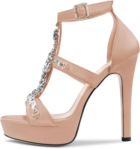 Miniatura 2 de CASTAMERE Sandalias de tacón alto con plataforma y punta abierta para mujer, estilo romano, diamantes de cristal, boda, fiesta, sexy, 5.1 pulgadas