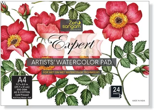 Zen Sangam - Bloc de papel para bocetos (A4 Artists' Expert A4, 10.56 oz/m², 60 % algodón, prensado en frío, 24 hojas (48 páginas), papel de
