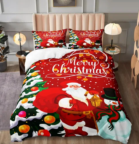 Miniatura 10 de Herside Juego de funda de edredón de Navidad, tamaño Queen, colorido patrón navideño impreso, bonita decoración navideña, microfibra suave, funda