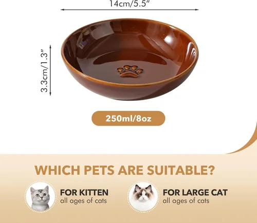 Miniatura 2 de Havniva Platos de cerámica anchos para gatos, amigables con los bigotes, juego de 3 tazones de cerámica para gatos con huella de pata, plato Marrón