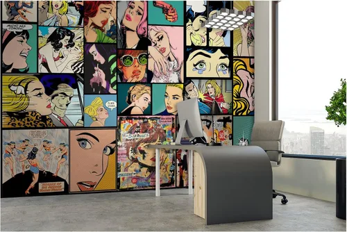 Murwall Papel tapiz de arte pop, vintage, arte cómico, mural de pared, retro, romántico, impresión de pared, sala de estar, decoración de biblioteca