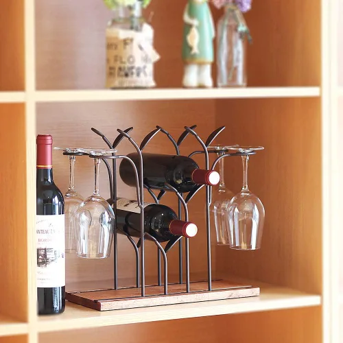 Miniatura 4 de Soporte de madera para vino de mesa, estante de vino de encimera, capacidad para 4 botellas de vino y 4 vasos, perfecto para decoración del hogar