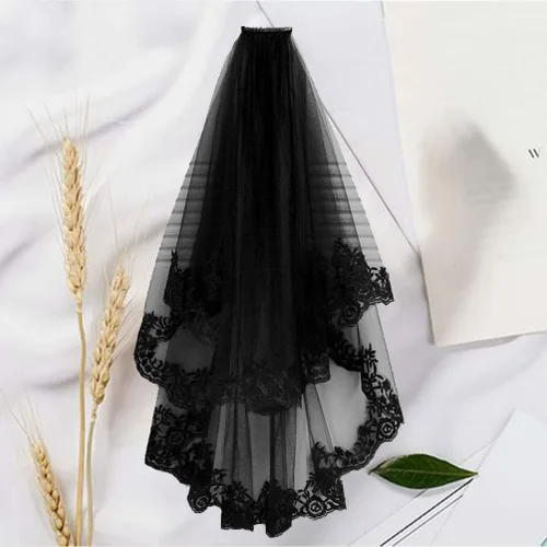 Miniatura 6 de NUOBESTY Velo de novia negro con peine velo de catedral nupcial velo de boda peine para el cabello de Halloween decorativo para novias y mujeres