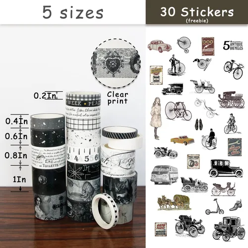 Miniatura 2 de Juego de 20 rollos de cinta washi vintage y 30 calcomanías retro negras, cinta adhesiva estética floral ancha para suministros de álbumes