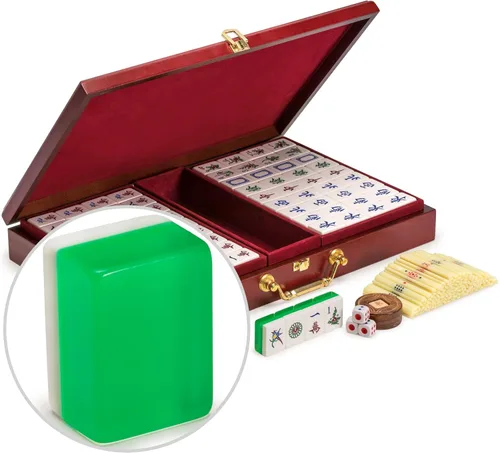 Set de Juego Mahjong Clásico Chino de Yellow Mountain Imports, Esmeralda con 148 Azulejos Translúcidos Verdes Medianos y Estuche de Madera