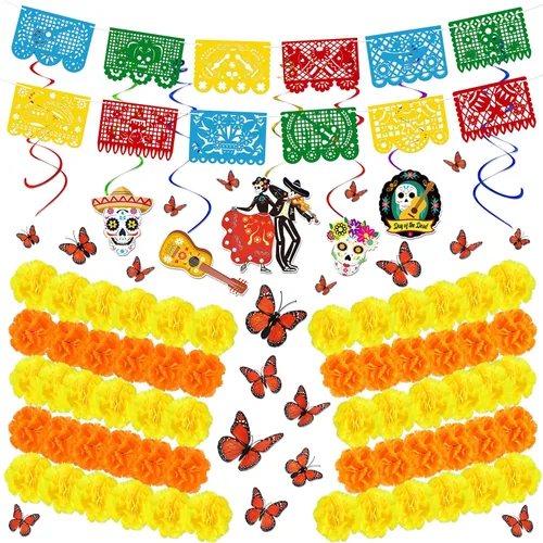 Juego de 140 piezas de decoración del día de los muertos: decoración del día de los muertos, papel picado, caléndula, mariposa, espirales colgantes