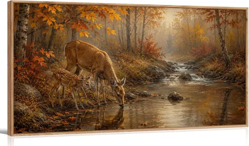 TIHUSAGO Framed Fall Wall Art, Autumn Forest Landscape Deer Creek Painting Artwork, Rustic Farmhouse Pictures for Living Room Bedroom Decor, Framed