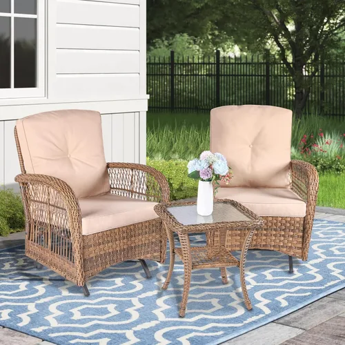 Miniatura 38 de MEETWARM Juego de 3 piezas de mimbre giratorio para patio al aire libre, mecedoras, juegos de muebles de patio de ratán con cojín grueso y mesa
