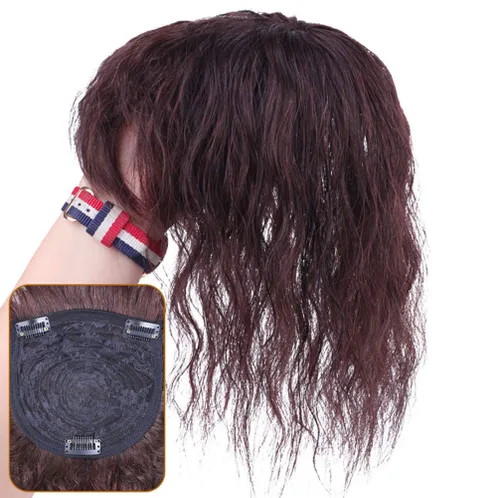 Miniatura 7 de 3 x 4.7 pulgadas con clip superior para mujer, cabello humano ligeramente rizado con flequillo lateral, color marrón oscuro, 10 pulgadas