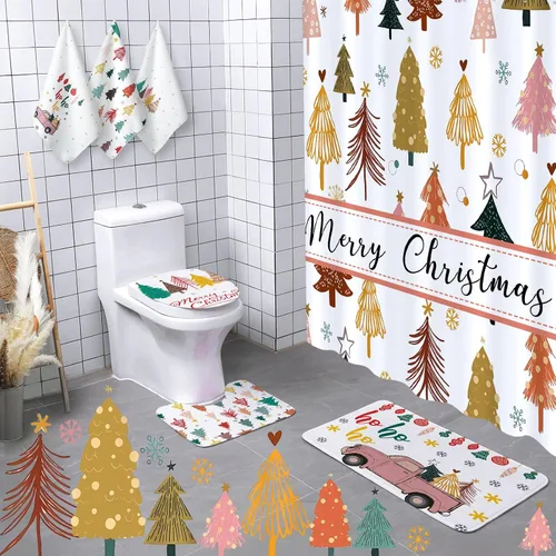 Newwiee Juego de 7 Piezas de Cortina de Ducha Feliz Navidad, Juego de Cortina de Ducha de Árbol de Navidad Temática Bohemia, Decoración Navideña de
