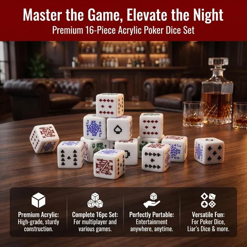 Miniatura 3 de Juego de dados de póquer acrílico blanco, 0.630 in, dados duraderos de 6 caras para juegos de cartas, mentirosos, fiestas, entretenimiento