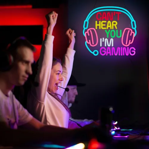 Miniatura 6 de Letrero de neón para juegos Can't Hear You I'm Gaming Headset Gamer Luz LED brillante alimentada por USB Letrero luminoso de auriculares Letreros