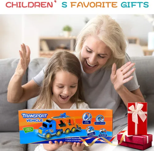 Miniatura 6 de Forty4 Paquete de 9 autos de juguetes para niños y niñas de 2, 3, 4, 5 años, camión de transporte grande con 8 pequeños camiones de tracción